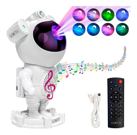 Velador Proyector Astronauta Geotek Parlante Bluetooth Luz Galaxia Estrellas Estructura Blanco