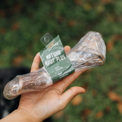 Mordedor natural de couro bovino desidratado em formato de osso, ideal para cães de médio porte, com textura resistente