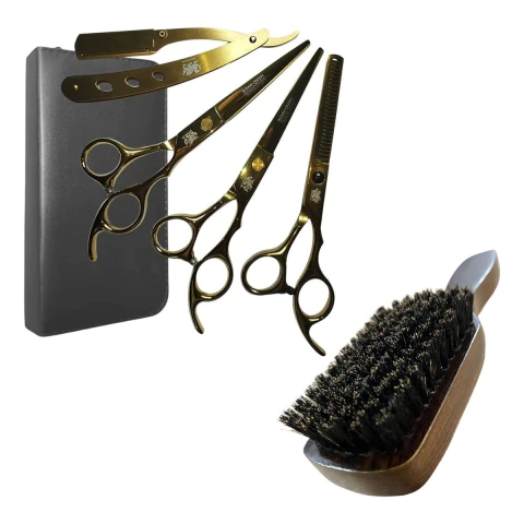 Kit 3 Tesouras Barbeiro Profissionais + Escovinha Disfarce Degradê Ref.30229