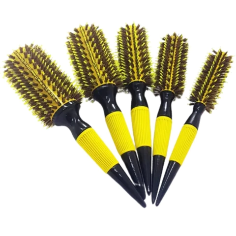 Escova De Cabelo Térmica Cabo de Madeira Emborrachado Cerdas De Javali Mista Amarela