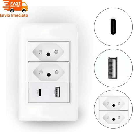 Tomada ZK532 Tomada Dupla Entrada E USB E USB-C 5V Bivolt