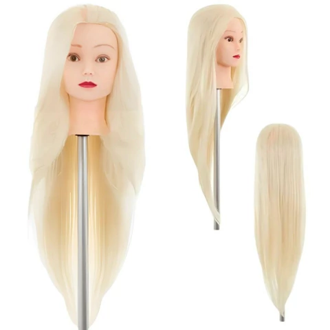 Cabeça De Boneca Sintética Loira com 60 Cm Para Treino de Salão E Suporte De Mesa