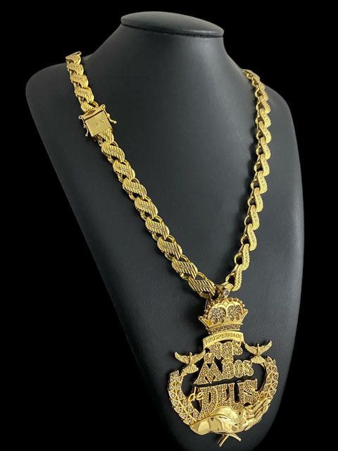 Cordão Friso S 13mm Cravejado + Pingente Nas Mãos De Deus Banhado Ouro 18k - comprar online