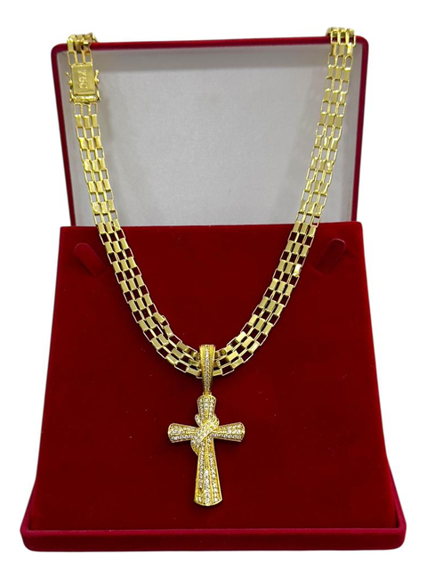 Cordão Tijolinho Triplo 12mm + Pingente Cruz Banhado A Ouro