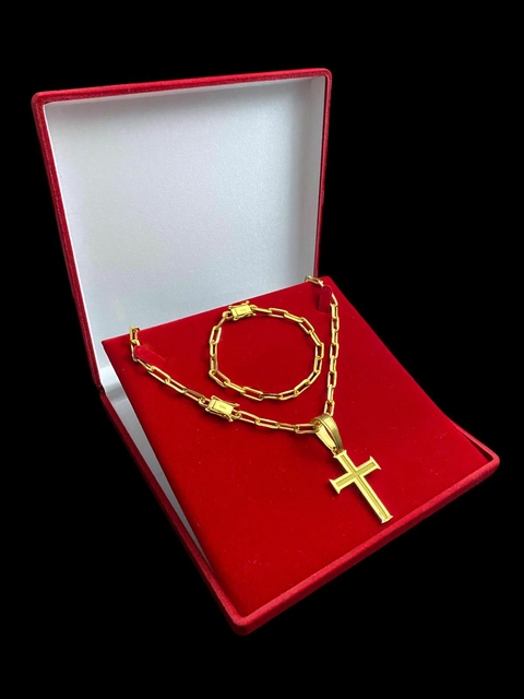 Cordão Cadeado Alongado 5mm + Pulseira + Pingente Cruz Banhado A Ouro 18k - comprar online