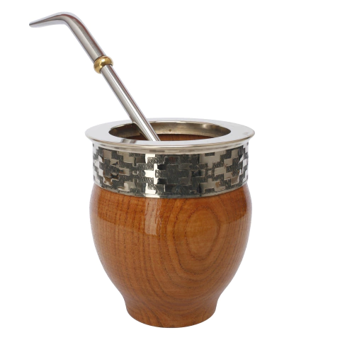 Mate imperial de madera con virola de alpaca y bombilla metálica con detalle dorado