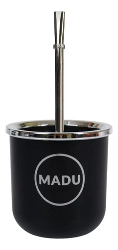 Mate térmico Baires de doble pared color negro con borde y bombilla niquelada, con logo MADU