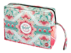 Neceser portacosméticos para mujer con diseño floral en tonos coral y verde, con cierre y asa lateral