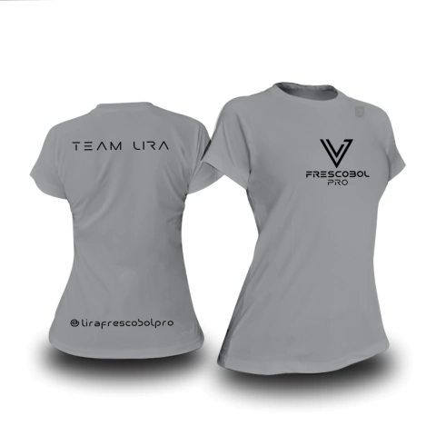 Camisa feminina cinza com logo Frescobol Pro na frente e texto Team Lira nas costas