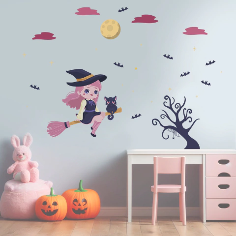 Adesivo de Parede Infantil Bruxinha com gatinho - comprar online
