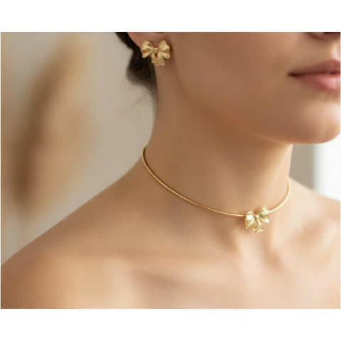 Choker folheado com brincos Forma lacinho - comprar online