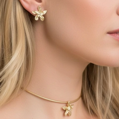 Choker folheado com brincos Flor - comprar online