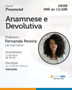 Cartaz do curso presencial Anamnese e Devolutiva ministrado pela professora Fernanda Pereira, com data, horário, investimento e informações para inscrição