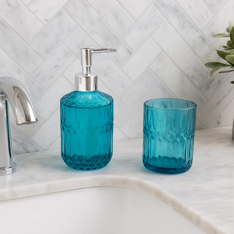 KIT PARA BANHEIRO 2 PEÇAS VIDRO AZUL