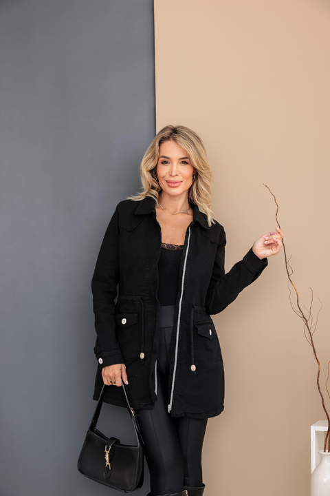 Parka Preta Feminina em Sarja Dinho's Jeans