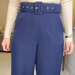 Calça Pantalona com Cinto Azul Marinho - Ester
