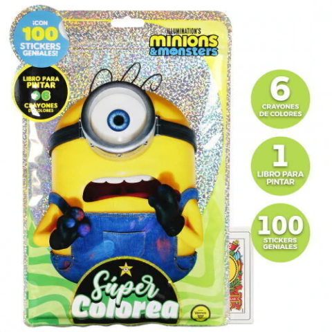 SUPER COLOREA MINIONS: LIBRO + CRAYONES + STICKERS EN FLOWPACK (31CM X 21CM)