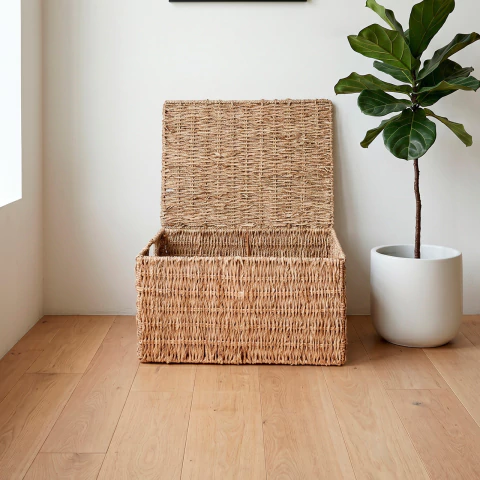 Cajon Canasto Mimbre N4 Cesto Organizador Con Tapa Y Manija