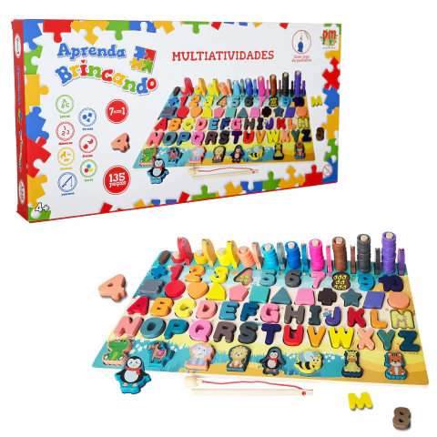 Brinquedo Didático Aprenda Brincando Multiatividades 135 Peças Madeira DM Toys DMT6774