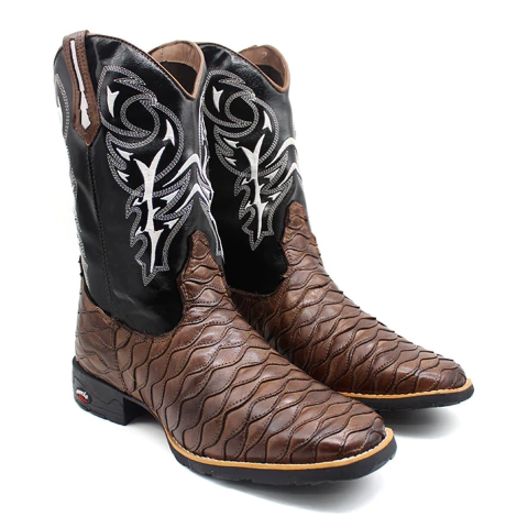 Bota texana masculina café escamado bordado 2516