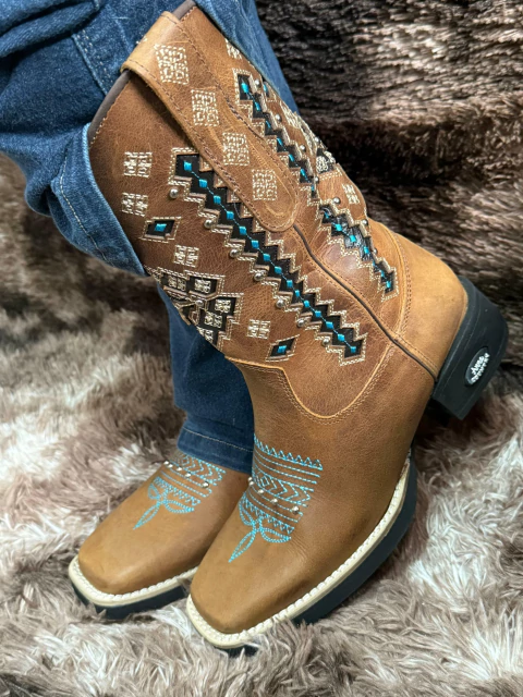 Bota texana bordada azul couro legítimo