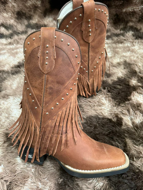 Bota texana feminina franja couro legítimo