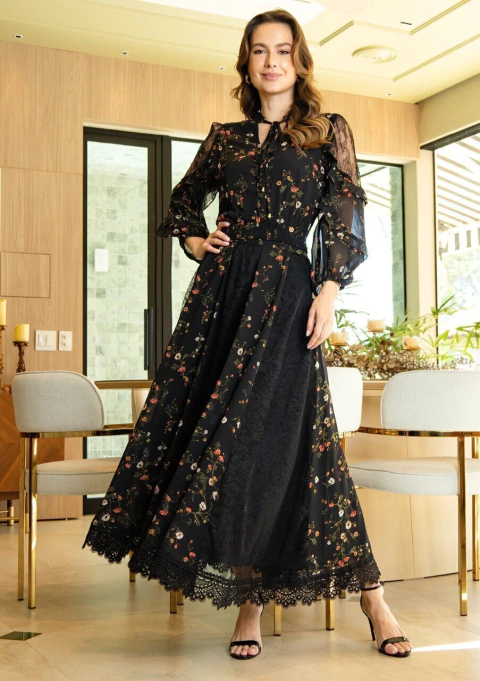 CONJUNTO CHLOE GUIPIR - PRETO C/ ESTAMPA FLORAL