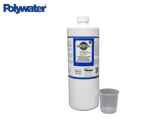 Botella blanca de solución Polywater de 950 ml para limpieza de paneles solares con taza medidora transparente