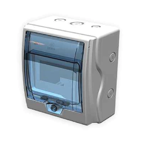 Centro de carga OMNIUM IP65 para seis módulos con riel DIN, caja de protección con tapa transparente azul y cuerpo gris