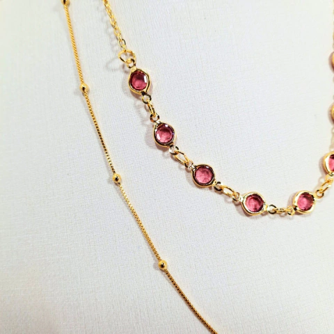 1356 - Colar Duplo Folheado Ouro 18k - Choker Rosa e Longuinho - comprar online