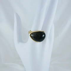 2292 - ANEL RESINA QUARTZO PRETO FOLHEADO OURO 18K - TAM 18-20 - PATROA BIJU