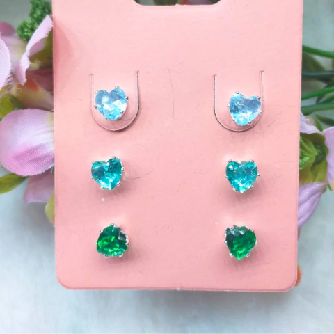 11997 - TRIO DE BRINCO FOLHEADO A PRATA - CORAÇÃO AZUL/VERDE/VERDE ESCURO - comprar online
