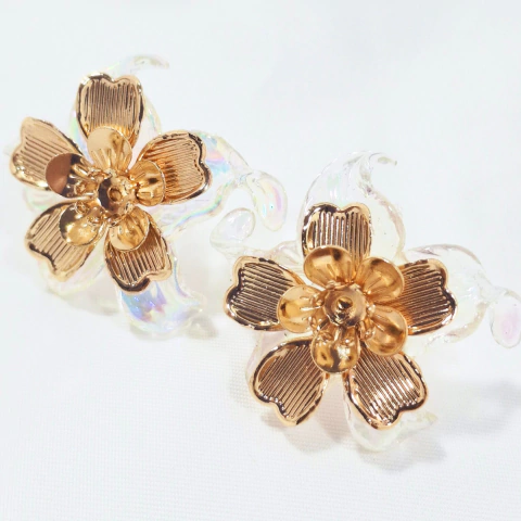 1401 - Brinco Maxi Biju Dourado Flor Cristal - comprar online