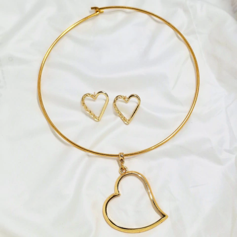 1219 - Choker + Brincos Coração Folheado Ouro 18k - comprar online