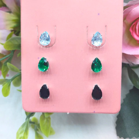 11992 - TRIO DE BRINCO FOLHEADO A PRATA - GOTA CRISTAL/VERDE/PRETO - comprar online