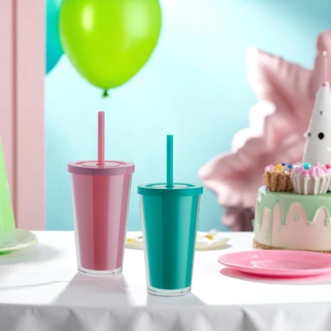 Copos com Parede Dupla com Tampa e Canudo 500ml Acrílico Super Premium - comprar online