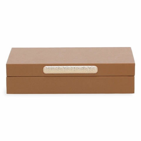 CAIXA DECORATIVA EM PU CARAMELO E DETALHE DOURADO - P