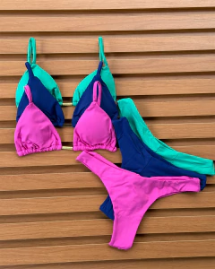 KIT 3 Biquíni Cortininha Calcinha Asa Delta Rosa Pink Claro/Azul Bic/Verde Jade