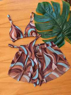 Conjunto 2 Peças Biquíni Cortininha Regulador + saida de Banho Short Tule Estampa Horizonte Azul