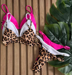 KIT 3 Biquini Cortininha Regulador Animal print - Branco - Rosa Pink