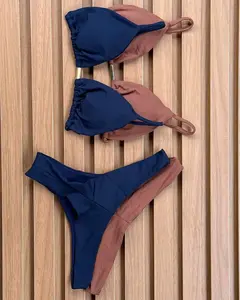 KIT de 2 Biquíni Cortininha Calcinha Asa Delta Chocolate - Azul marinho