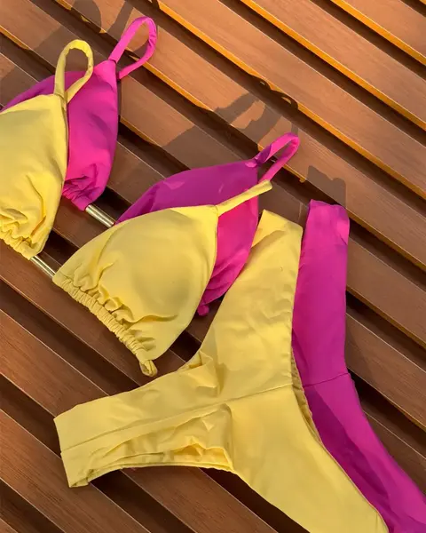 KIT de 2 Biquíni Cortininha Calcinha Asa Delta Rosa Pink - Amarelo Manteiga
