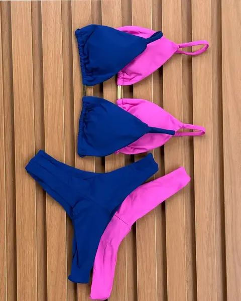 KIT de 2 Biquíni Cortininha Calcinha Asa Delta Rosa Pink - Azul Bic