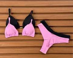 KIT de 2 Biquíni Cortininha Calcinha Asa Delta Preto - Rosa Chiclete