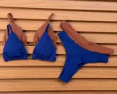 KIT de 2 Biquíni Cortininha Calcinha Asa Delta Chocolate - Azul bic