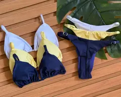 KIT 3 Biquini Cortininha Regulador Branco - Amarelo Manteiga - Azul Marinho