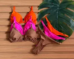 KIT 3 Biquini Cortininha Regulador Laranja - Rosa Pink - Chocolate