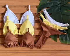 KIT 3 Biquini Cortininha Regulador Branco - Amarelo Manteiga - Chocolate