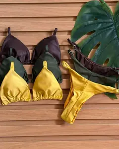 KIT 3 Biquini Cortininha Regulador Marrom - Verde Militar - Dourado