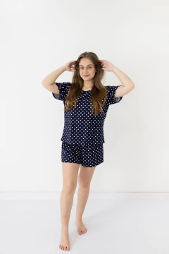 Short Doll de Manguinha Poá Azul-Escuro - comprar online
